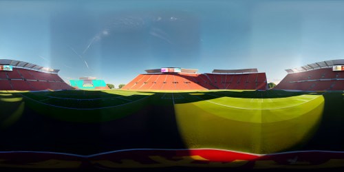 Masterpiece-worthy football stadium, VR360 view from midfield, ultra high-res textures, immersive. Green astroturf, goalposts standing tall, digital painting style, immense panoramas of spectator seats. Bright, detailed, VR360 illumination across stadium.