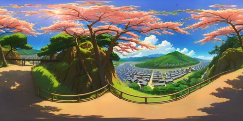 Studio Ghibli style image of Arashiyama villiage, Kyoto. view from the riverside. Warm and sunny spring day, cypress trees, cherry blossoms, dreamlike joyful atmostphere.