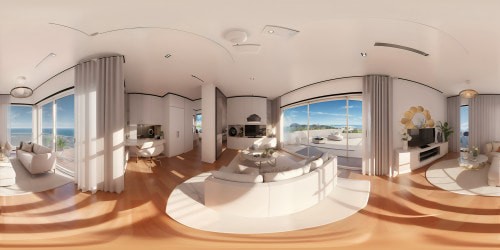 VR360 view, ultra high-res, luxurious suite, silk drapes, sleek furniture, brilliant sunlight, crystal chandeliers, gleaming marble. In the style of a digital painting, detailed textures, soft color gradients, sharp reflections. Daytime VR360 scene, masterpiece in resolution.