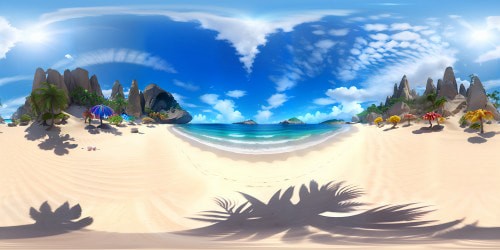 VR360, flawless azure sky, shimmering sunrays, ethereal clouds. VR360, white sandy beach, crystal clear cerulean waves, vibrant seashells, majestic palm shadows. Pixar-style rendering, ultra-high resolution, saturated colors, delicate texture details, artful, grandeur.