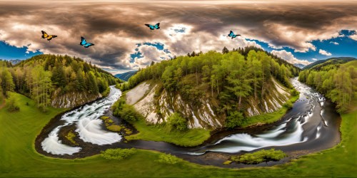 A flawless masterpiece captured in ultra high-res, showcasing a tranquil spring woodland scene with a meandering river, fluttering butterflies, majestic eagles soaring overhead, and a white horse grazing peacefully amidst the vibrant scenery.