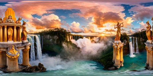 A surreal landscape of marble pillars and cascading waterfalls, with ten colossal statues of ethereal goddesses adorned with intricate golden jewelry, towering amidst swirling pastel clouds, radiating an otherworldly luminance amidst the heavens.