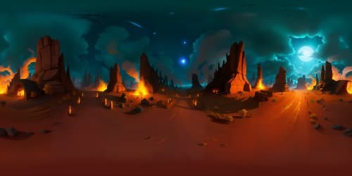 Masterpiece, VR360 panoramic view, hellish landscape, top quality, ultra-high resolution, infernal territories, red flame palette, ethereal glow, scorched earth. Style: Gothic, grotesque elements, grandeur, stark contrast, immersive VR360 fantasy art.