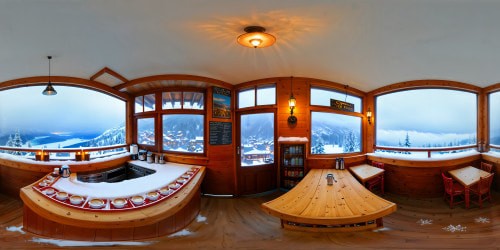 A charming snow-cloaked coffee shop nestled in a winter wonderland, with frosted windows reflecting the glistening snowflakes, warm glow radiating from within, flawless winter scene.