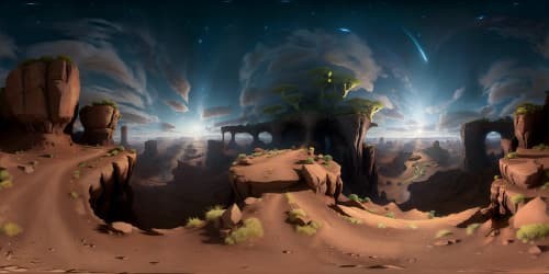 VR360 badland spectacle, highest quality, digital oil-style masterpiece. Ultra-high-resolution textures, detailed, ominous cliffs, sprawling, arid terrain. Mesmerizing, twilight colored skies, VR360 abyss of infinite stars.