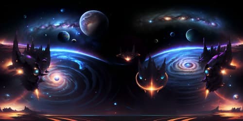 Masterpiece VR360, deep-space perspective. Ultra HD resolution, luminous stars, distant orbiting planets, shadowed moons. Spectacular nebulas, complex galaxies. Fantasy art style.