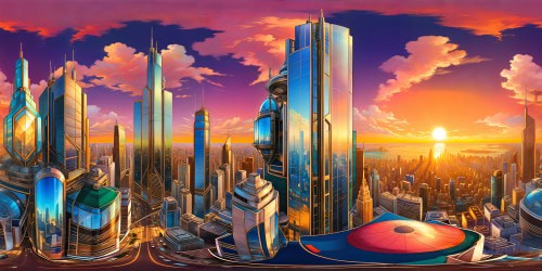 An exquisite crystal-clear digital painting capturing a stunning futuristic cityscape at golden hour, gleaming skyscrapers, holographic billboards, bustling flying cars, intricate nanotech streets, and a radiant setting sun casting a warm glow over the metropolis, a breathtaking work of art.