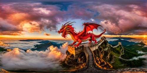 Spectacular ultra-high-resolution image of a majestic dragon circling over an ancient castle perched on a mountain peak, crimson scales glinting in the golden sunset, billowing clouds and a vibrant sky framing the scene, a true digital masterpiece.