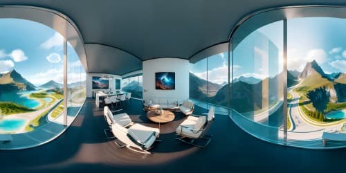 an open space lobby viewing the mountains behind tall glass walls. the room has been styled with modern furniture