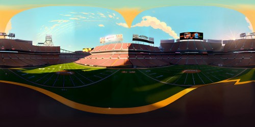 VR360 view of Cleveland Browns Stadium, masterful authenticity. Gridiron green, stadium lights. Cityscape backdrop. Ultra-high-resolution. Style: hyper-realism, immersive. VR360 panorama of sunset football spectacle, twinkling city lights.