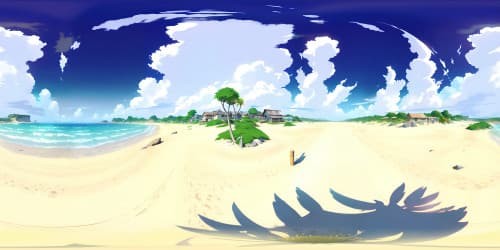 VR360 beach scene, pristine sands, vivid seashells, sparkling azure waves. Ultra high-res visuals, masterful digital painting style. Minimalistic foreground, focusing on broad, immersive VR360 horizon.