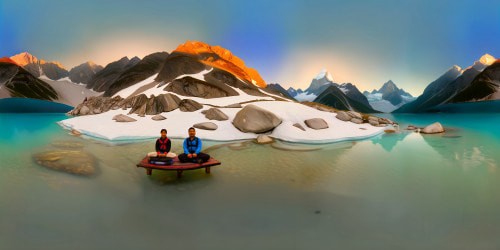 VR360 scene: infinite snowy mountain ranges, sparkling frost, glacial sheen, Alpine peaks.  Shadowed, seated figures (Asian, Latino aesthetics) by a crystalline lake, mountain reflections dancing. Style: ultra HD, precise, majestic masterpiece. Undeniable VR360 quality.