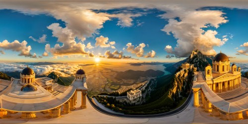 A grand cityscape of Olympian proportions, majestic marble structures towering under a divine golden sunlight, reflecting flawlessly in crystal-clear waters, showcasing intricate carvings and magnificent architecture in impeccable detail.