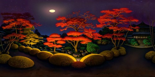 Looking out at a small, dark, panoramic Edo period Japenese garden at night, in Autumn. Cozy warm toned glowy lighting. Moon and stars in the dark midnight sky. Emaculately detailed landscaping. Deep warm toned color palette, with deep reds, magentas, browns, deep orange-yellow tones. Warm feverish Ghibli-esque aesthetic.