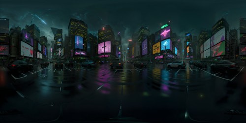 Radiant ad displays, neon glow, towering skyscrapers, billboards illumination in VR360 view. Streets teeming with parked cars. Surrealist style, ultra-high resolution, bold, vibrant colors. Transforming Times Square into a painted masterpiece, immersing in VR360 grandeur.