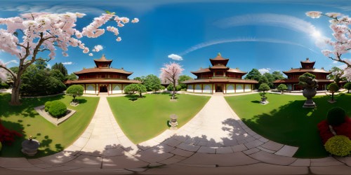 Masterpiece, high-res anime style, VR360 view, ancient Chinese dynasty palace, ornately carved jade dragons. Ultra high-quality, cherry trees in full bloom, lacquer furniture intricacy. VR360 panorama, silk tapestries extravagance, twilight sky, floating lantern spectacle.