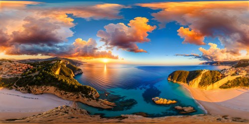 Flawless Mediterranean coastline at golden hour, crystal-clear waters lapping on pristine sandy shores, vibrant seaside village nestled against towering cliffs, under a sky painted with hues of flaming tangerine and lilac, captured in breathtaking ultra-high resolution.