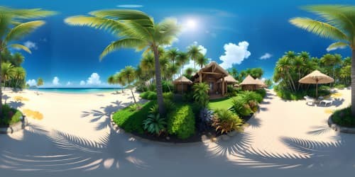 Ultra-high resolution, tropical island charm, VR360 vista of clear ocean, serene seashells. Palms swaying, lush green foliage, picturesque VR360 skyline, harmonious with vivid sunset hues. Surreal, digital painting style, detail-focused, quality masterpiece.