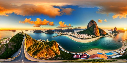 A breathtaking panoramic vista of the stunning Rio de Janeiro skyline, showcasing the iconic Sugarloaf Mountain, vibrant Copacabana Beach bathed in golden sunlight, sparkling waters of Guanabara Bay against a flawless, crystal-clear sky, an ultra high-resolution masterpiece capturing every detail flawlessly. 