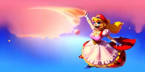 Princess Peach (supermario bro character) blonde hair and wearing pink dress