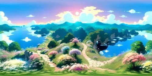 Masterpiece quality, ultra-high-res VR360 views. Impressionist-style pastel clouds, sunset hues mirrored in tranquil water. Floating islands, ethereal glow, high-detail moss, lichen textures. VR360 panoramic beauty, intricate detailing. Monet-esque style, vivid, Impasto dabbed colouring.