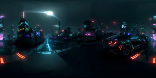 Afro Samurai universe, VR360 cityscapes, 2088 futuristic, manga-noir style. Ultra-high-res masterpiece, neon billboards, pixel-perfect details. Obsidian sky, star trails, glowing novas, VR360 horizon-to-horizon view. Stark contrast, heavy ink, bold outlines.