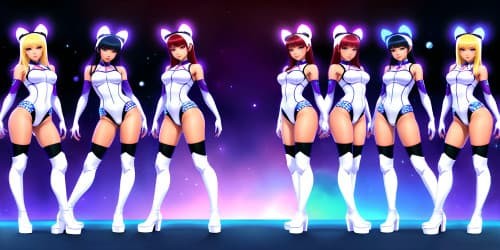 four women wearing white leotards with thigh high boots. they are evil sorceresses'. they are african american women