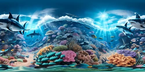 Ultra-high-res VR360, masterful marine scene. Stylized, bold shark, deep ocean backdrop. Rich, dynamic undersea terrain. Panoramic seafloor expanse. Fantasy vibe, detailed textures, iridescent undersea lighting. VR360 boundaries extend into endless, deep blue void.