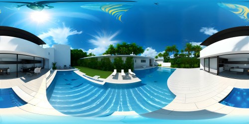 VR360 photorealistic, crystal clear water pool, shimmering under radiant sun, opalescent underwater mosaic patterns. Poolside, delicate tropical foliage, enhanced Pixar-style sterilization. Distant, feminine silhouette, reflected in azure water, style emphasis on realism. Luxuriant, VR360, iridescent sky overhead, sun-kissed clouds adrift.