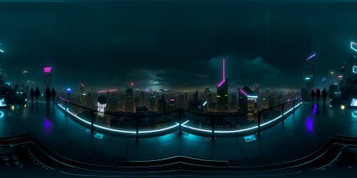 Masterpiece level, ultra high-resolution night cityscape, glistening rain-soaked streets, skyscrapers' silhouette against star-flecked sky, neon lights reflecting on wet surfaces, VR360 panoramic view, surreal art style.