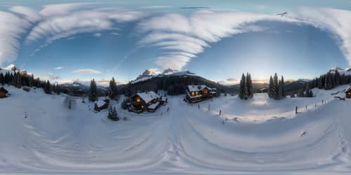 Masterpiece quality, ultra HD, mountain lodge in foreground, VR360 snow-capped mountainous backdrop, twinkling, star-strewn evening sky, VR360 panoramic view, dusting of fresh snow, fir trees, isolated, peaceful setting, luminescent moonlight glinting off icy peaks, fantasy art style.