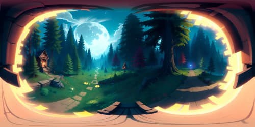 Spectacular VR360, ultra high res, towering evergreens cloaked in shadows, moonbeam speckled forest floor, werewolf hunt implications, Pixar-style mystery. VR360, enhanced detail, non-overt werewolf symbolism, undercurrent of suspense.