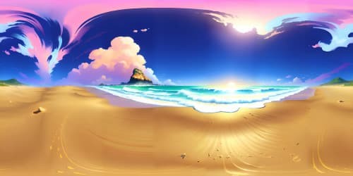 Masterpiece, ultra high-res VR360, distant view of beach day scene, rolling waves, sunset background. Style: Realism, elevated texture, impeccable light balance.