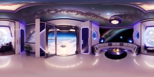 Masterpiece-quality VR360. Ultra high-resolution VR360. Super-cozy lounge room, roaring fireplace. Epic sci-fi space station, orbiting Earth view. Futuristic furnishings, ambient illumination. Star-speckled cosmos, Earth's radiant glow. Intrepid interstellar style, Pixar-like vibrancy.