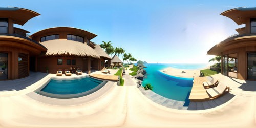 VR360 view, beachfront residence, glassy exterior, reflecting azure seascape. Thatched roof, bamboo barriers, sun-bleached deck. Infinity pool, light refracting, mirroring tropical sunset. Luxury beach house, hyper-realistic graphics, VR360, masterpiece-level detail, ultra-HD resolution. Brilliant, Pixar-style rendering.