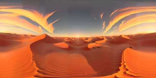 Endless flat desert panorama, sand dunes kissed by red-orange pink sundown, sparse autumn trees scattered, shifting blue sky canvas, ultra-high resolution. Masterpiece-quality, VR360 desert sunset view, captivating blue sky VR360 perspective.