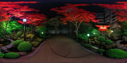 Expansively panoramic Edo period Japenese garden at night, with cozy warm toned glowy lighting. Emaculately detailed landscaping. Deep warm toned color palette, with deep reds, magentas,browns, deep orange-yellow tones. Warm feverish aesthetic.