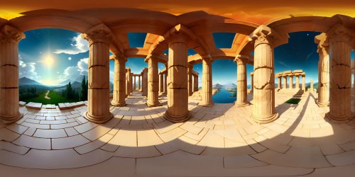 Masterpiece, ultra high-res VR360 view, ancient Greek temple, marble columns, intricate friezes, gold-accented pediments. Polished stone floors, luminous in moonlight. Sky filled with constellations, Olympus-like grandeur. Greek mythological mural art, VR360 panorama. Style: classical realism, impeccable detail, high-end digital painting.