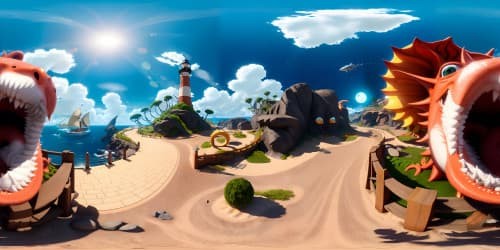 lighthouse view sea serpent and dragon and giant squid open ocean