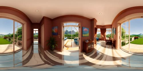 VR360 masterpiece, vibrant living room, ultra-high-res, abstract paintings, natural light. VR360 marble floor, plush Persian rug, French windows, muted pastels, sweeping view outside.