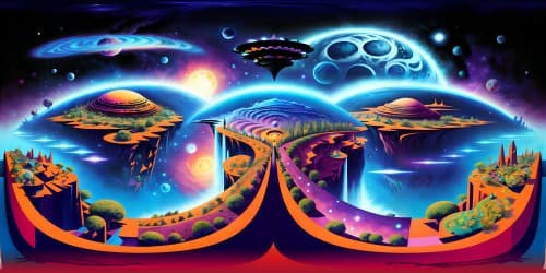 VR360 view of cosmic panorama, nebula clusters in vibrant hues, intricately textured celestial bodies, ultra high-definition detailing. Complementing with abstract art style, Picasso-esque shapes, geometric patterns, an all-encompassing masterpiece for VR360 immersion.