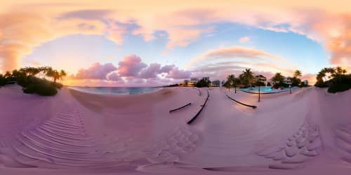 VR360 Miami skyline, sunset hues, pastel pink-orange gradient, sparkling city lights, art deco architecture, palm tree silhouettes. VR360 pristine white sand beach, gentle azure waves. Premium, hyperrealistic digital painting, ultra HD resolution, master class precision.