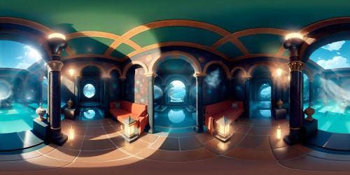 VR360: Ancient bathhouse, meticulously detailed, opulent, high-res ceramics, marble pillars, steam tendrils, reflecting in water bodies. VR360: Pixar-style rendering, soft edges, oversaturated colors, cascading light through open dome.