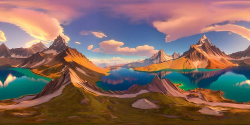 Masterpiece quality ultra-high res VR360 scene hidden lake nestled in enchanted mountains floating wyverns dotting the horizon Radiant sunset colors bleeding into the sky pastel clouds caught in the light VR360 panoramic view wyverns highlighted against the iridescent backdrop Realm of fantasy art the juxtaposition of ethereal mountain peaks tranquil lake majestic wyverns