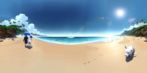 a couple is walking a cute white dog on malibu beach, while a whale is spraying water