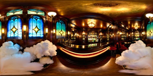 Immaculate interior of a 1920's speakeasy, dark mahogany bar glowing softly, ornate brass fixtures, plush velvet booths, shimmering crystal decanters, intricate stained glass, low warm lighting, smoky haze hanging in the air, glamorous jazz age atmosphere.