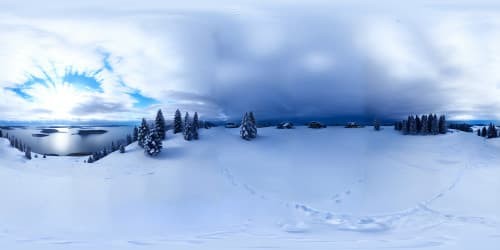 VR360 scene, ultimate masterpiece, seaside landscape, snowflakes delicately falling on sandy shores. Ultra high-resolution, visual magnificence, VR360 panoramic seaside view during snowfall.