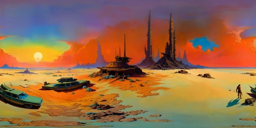 A flawless, ultra-high-resolution depiction of a sprawling post-apocalyptic desert expanse, featuring towering remnants of ancient structures, decaying billboards, rusted vehicles scattered amidst the sand, with a distant radioactive storm brewing, casting an eerie glow over the fallout haze under a blood-red sky, a true masterpiece of apocalyptic artistry.