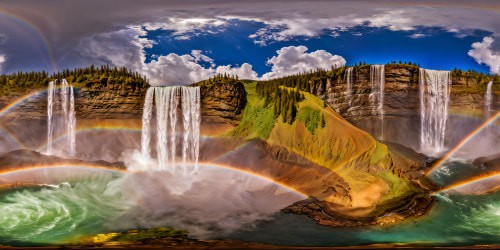 A breathtaking fractal landscape with cascading waterfalls, iridescent pools, glowing flora, and towering crystalline structures under a radiant double rainbow arching across a technicolor sky, all in immaculate Ultra HD detail, the ultimate masterpiece of digital artistry.