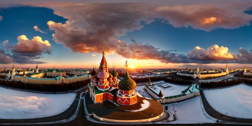 The flawless, ultra-high resolution masterpiece of the Moscow Kremlin radiates grandeur, showcasing dazzling onion domes glowing under a golden sunrise, every intricate detail meticulously captured, and majestic spires reaching for the sky, reminiscent of a breathtaking sunrise painting brought to life.